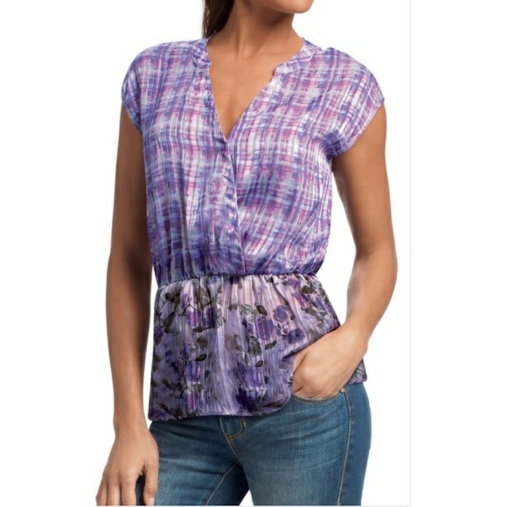 CAbi Blouse Top Eva Floral Plaid Sheer Boho Cottagecore Spring Summer Purple